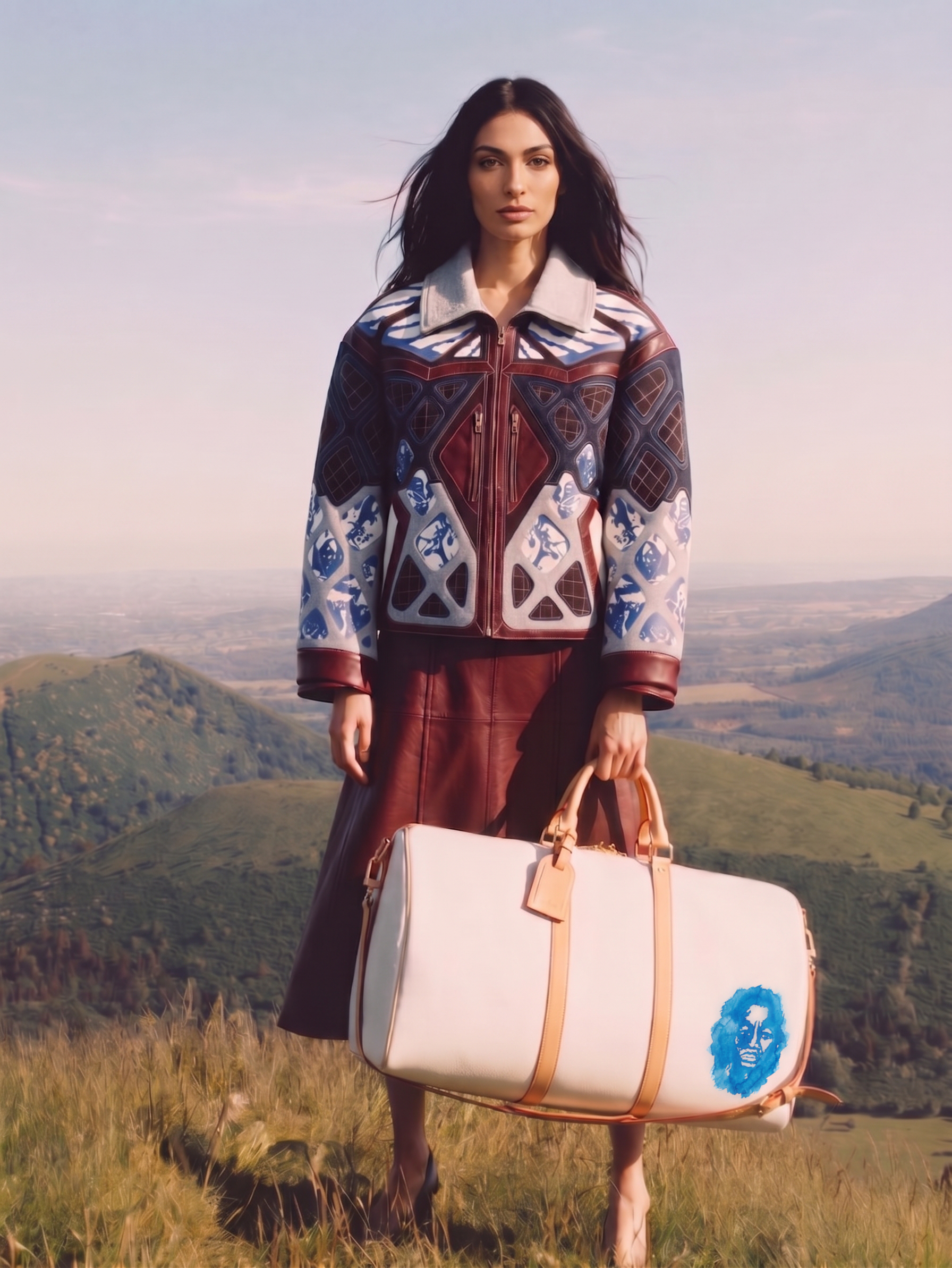 Model standing on a hilltop above open countryside, wearing the printed burgundy leather and grey wool jacket with a burgundy leather midi skirt, carrying a cream leather holdall